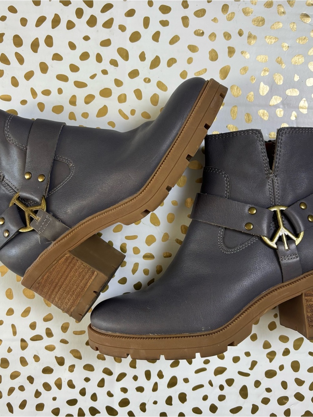 Lucky Brand Gray Leather Ankle Booties with Brown Lug Sole